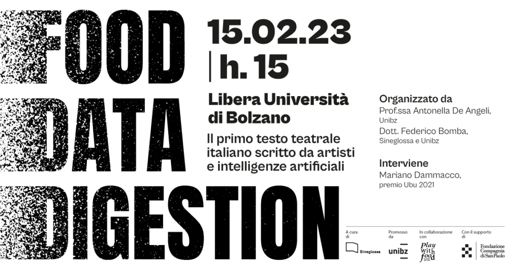 copertina evento Food Data Digestion, il primo testo teatrale scritto da artisti e intelligenza artificiale