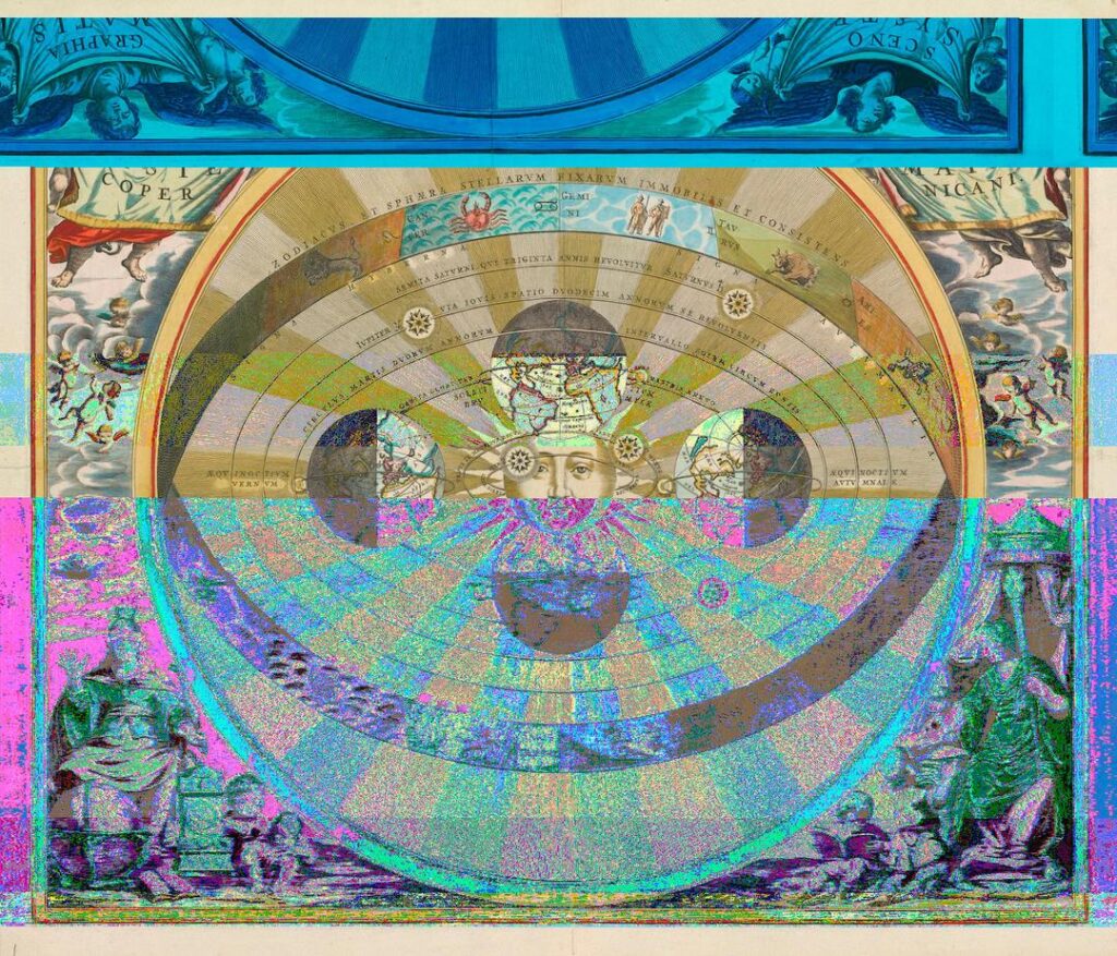 The image shows an illustration of celestial chart featuring concentric rings with Latin inscriptions and zodiac symbols, centered around a sun with a face and 4 plants around it. The upper portion displays angel-like figures in a deep blue border, while the lower half is awash in psychedelic colors&mdash;pinks, blues, and greens that create a glitch effect. This distortion partially obscures classical figures or statues at the bottom. The overall composition mixes Renaissance-era astronomical imagery with contemporary digital art techniques.