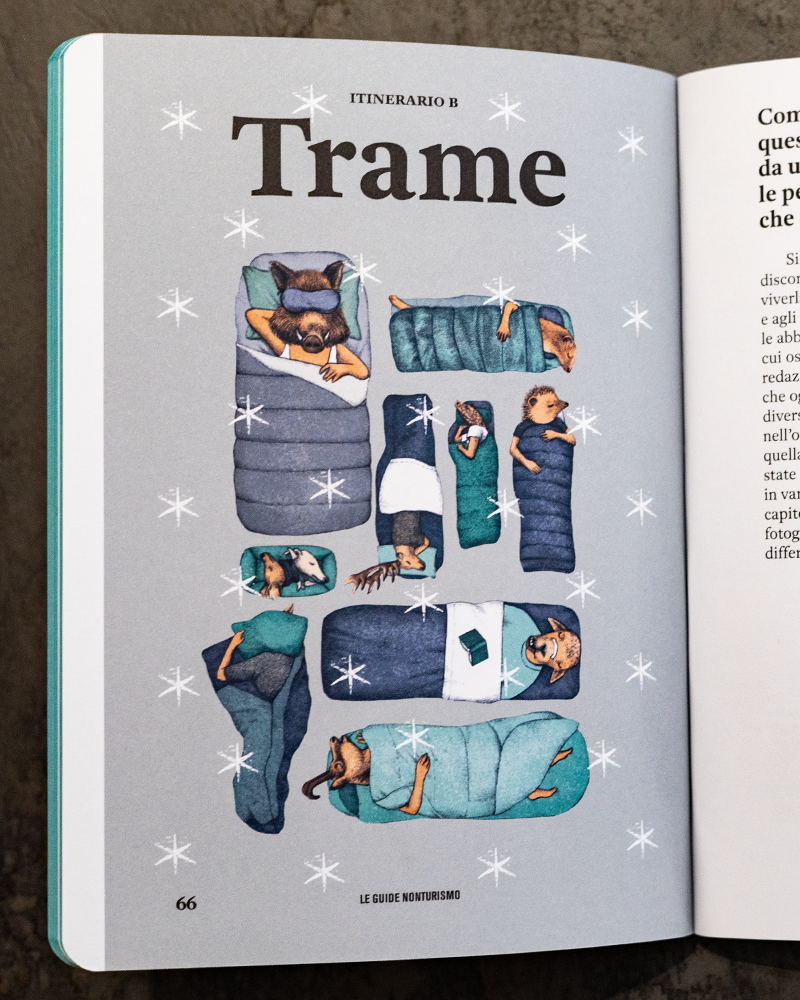 Foto Guida Nonturismo Val di Fiastra, 2025, Ediciclo Editore, dettaglio illustrazione itinerario TRAME di Claudia Palmarucci
