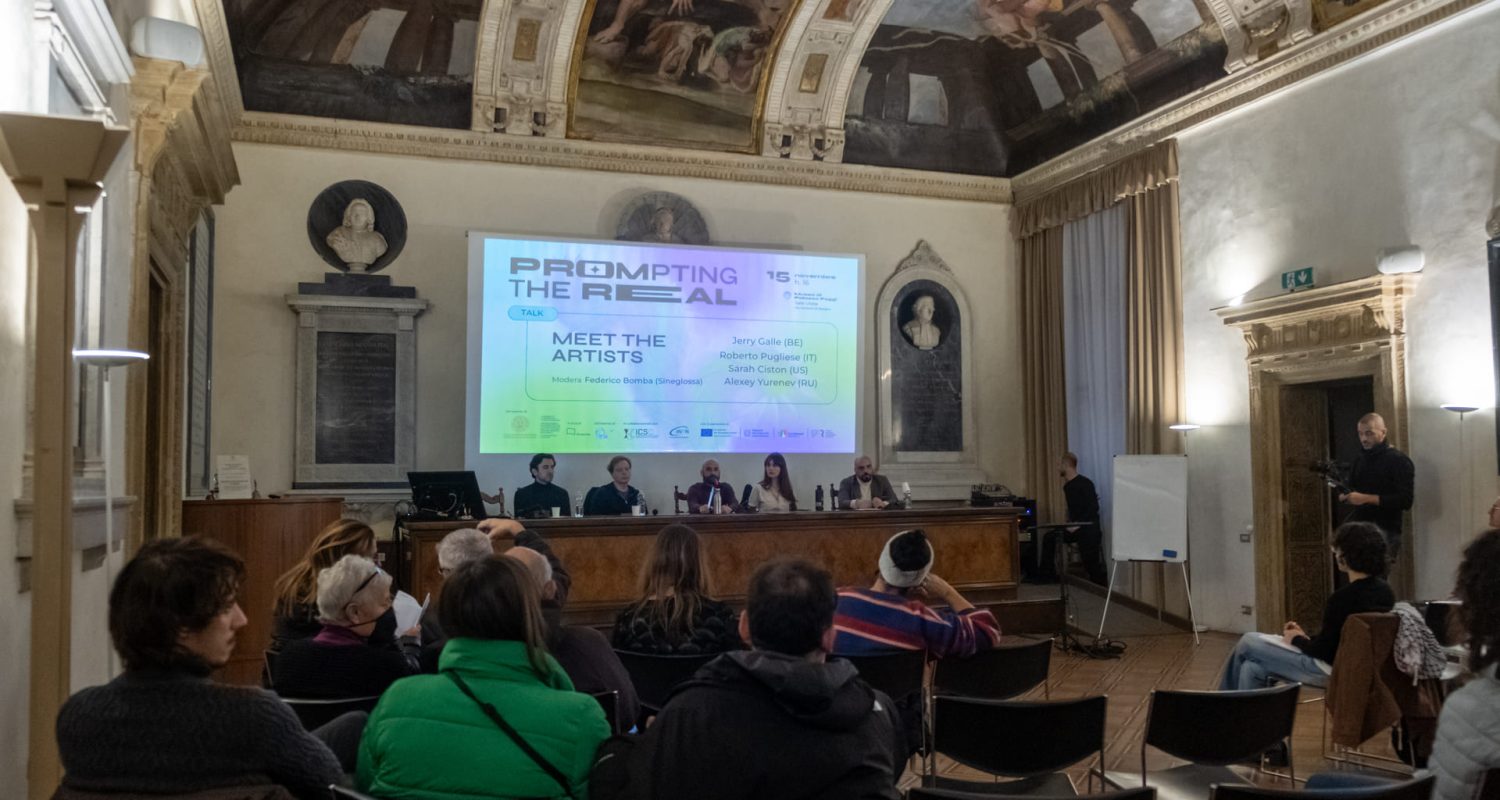 Talk with the artists (Ciston, Pugliese, Galle, Yurenev), during Prompting the Real exhibition, November 15, 2025, Museo di Palazzo Poggi, Bologna. Photo by Giacomo Cappella _ Sineglossa