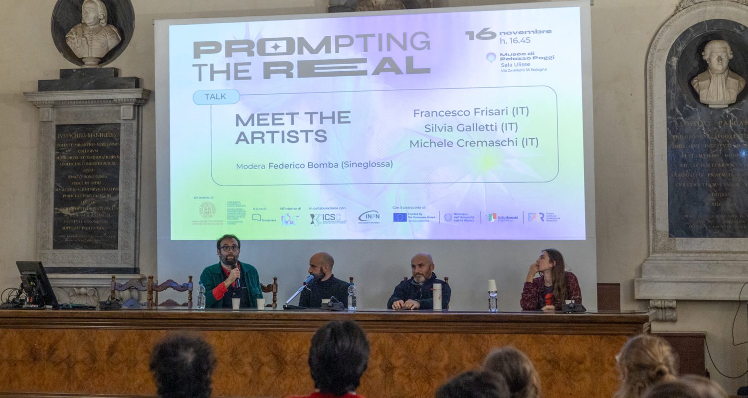 Talk with the artists (Galletti, Cremaschi, Frisari), during Prompting the Real exhibition, November 16, 2025, Museo di Palazzo Poggi, Bologna. Photo by Cristina Obrascu I Sineglossa (4964)